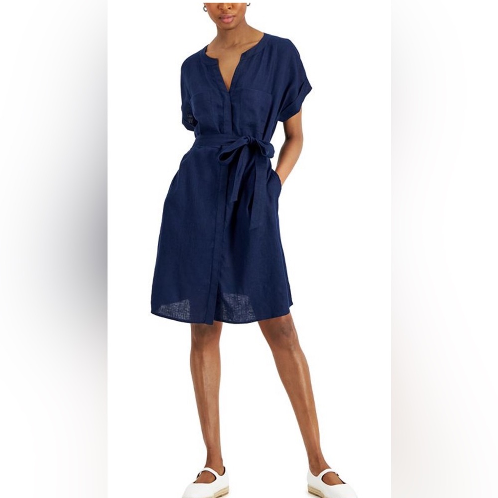 Charter Club Blue linen dress with split Neckline and Dolman Sleeves